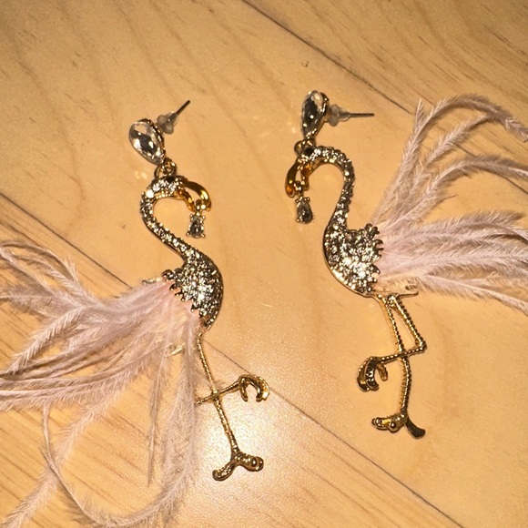 Elegant Gold Flamingo Earrings with Feathers - Picture 1 of 6